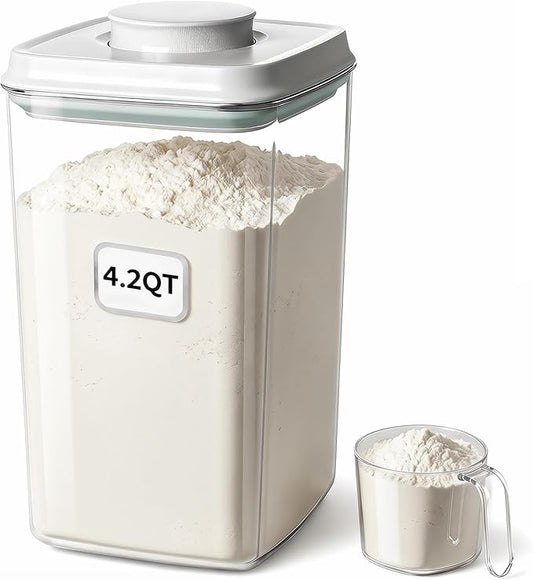 Melovom Pop Airtight Food Storage Container with Lid, 4L/4.2qt Large Cereal Flour Sugar Storage Container with Scoop, One Button Opening, BPA-Free, Kitchen Pantry Organization and Storage by Melovom