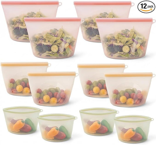 12-Packs Slider Reusable Silicone Food Storage Bags, 100% Silicone Stand-Up Wide-Open Leakproof Reusable Storage Bags for Food, Freezer Microwave Oven Dishwasher Safe, Eco-Friendly, Mixed 4L 4S 4XS by SiliseaDirect