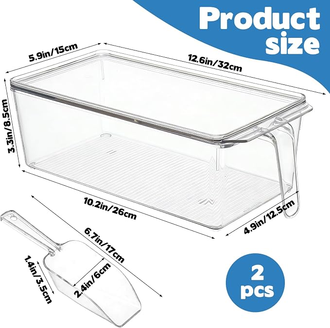 CIEOVO 2 Set Ice Bin for Freezer with Lid and 2 Scoop Set Plastic Freezer Ice Bin with Pull-Out Handle Clear Storage Bucket Kitchen Food Storage Organizer for Home Office Fridge Kitchen - Image 2