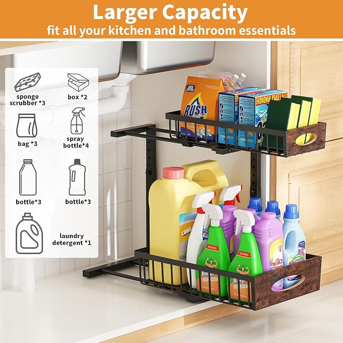 2-Tier Under Sink Organizer with Wooden Drawer Handle, 2 Pack Adjustable Height Pull Out Cabinet Organizer Shelf,Slide out Storage Drawer Rack for Kitchen Bathroom Laundry Room Pantry (Black) - Image 2
