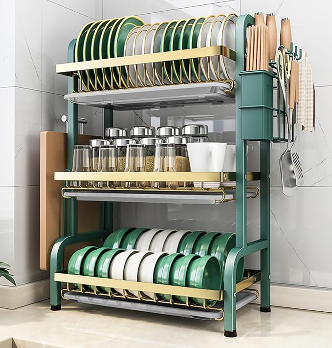CAKERS Dish Drying Rack with Removable Drain Tray|Carbon Steel Dish Strainers for Kitchen Counter|Tableware Holder Dinnerware Drainer Organizer,Green-Gold,3 Tier-Main Shelf with Set - Image 2
