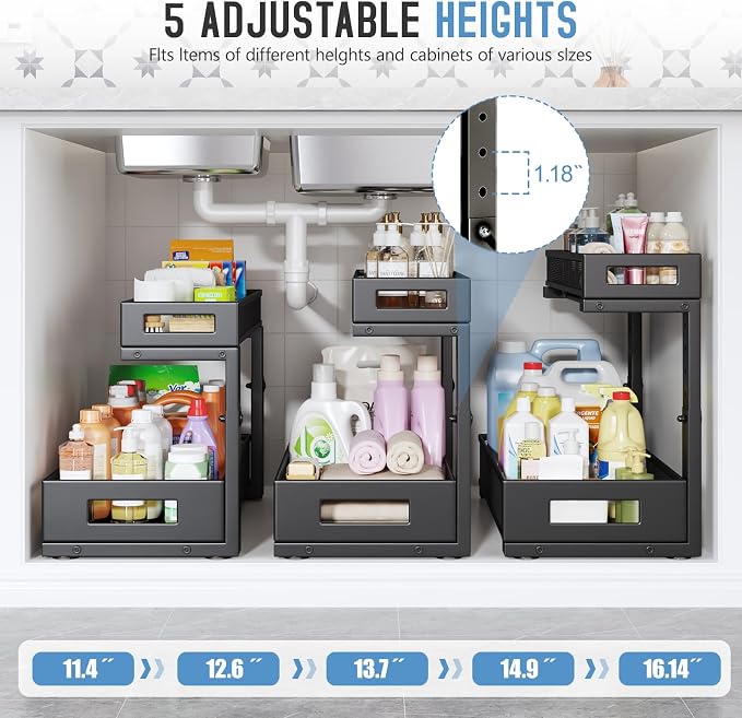 1 Pack 17IN Depth Under Sink Storage Organizer, Large 2-Tier Elegant Mesh Pull Out Shelf for Kitchen and Bathroom Cabinet Organization, L-Shaped and Adjustable Height Design-Black - Image 5