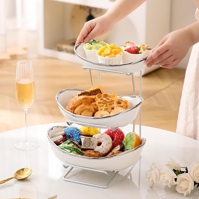 Gold Silver Fruit Bowl with Metal Stand, 3 Tier Ceramic White Fruit Bowl Fruit Rack for Kitchen Counter, Tiered Fruit Basket for Snacks Bread Candy Storage (Silver (Smooth Surface)) - Image 8