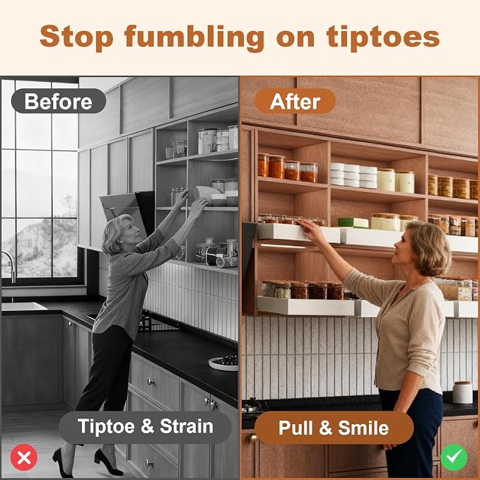 Fokyfok Pull out Cabinet Organizer,18"-25"W,10"-13"D,Expandable,Adhesive | No Drill,Upper Cabinet,Adjustable Slide out Drawers for Pantry,Roll out Shelves Short,Framless Cabinets,Kitchen,White,1PC - Image 3