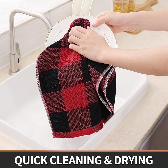 Homaxy Kitchen Towels and Dishcloths Set, Set of 10, Black & Red | Bulk Cotton Waffle Weave Check Plaid Kitchen Towels, Super Soft and Absorbent Dish Cloths, 12 x 12 and 13 x 28 Inches - Image 5