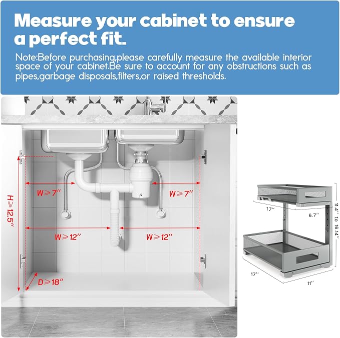 1 Pack 17IN Depth Under Sink Storage Organizer, Large 2-Tier Elegant Mesh Pull Out Shelf for Kitchen and Bathroom Cabinet Organization, L-Shaped and Adjustable Height Design-Gun Gray - Image 2