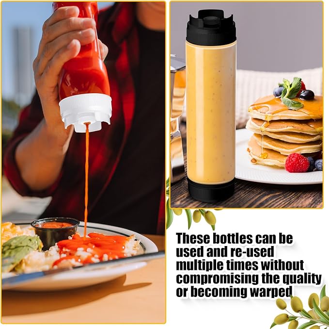 Roshtia 16 Pcs 16 oz Squeeze Bottle Condiment Squeeze Bottle Inverted Plastic Squeeze Bottle for Sauce Refillable Self Sealing Sauce Dispenser for Liquids Reusable Restaurants Kitchen(Black, White) - Image 3