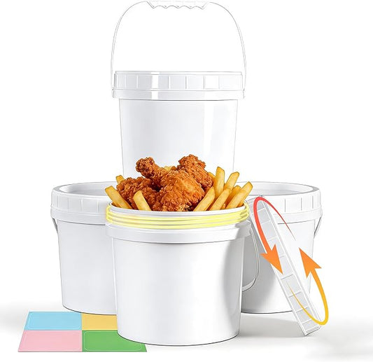 4 Pack 1 Gallon Plastic Buckets with Screw Lids & Handle, Food Grade Storage Containers for Kitchen, Freezer - Reusable White Plastic Bucket Set by UMETASS