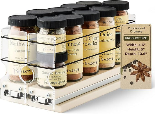 Narrow Pullout Spice Rack - Sliding Drawer for Kitchen Organization - Pantry Organizers and Storage - 2 Drawers - 10 Spice Jar Capacity (4.6" W x 5.0" H x 10.6" D, Cream) by VerticalSpice