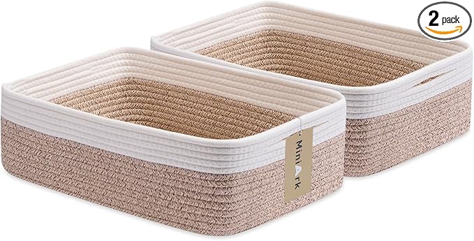 MiniArk Large Shallow Organizing Baskets 15x11x5.1 Inches - Rope Woven Storage Bins for Bathroom, Shelves, Cube Closet, White Mixed Brown 2 Packs by MiniArkStorageBasketsHome