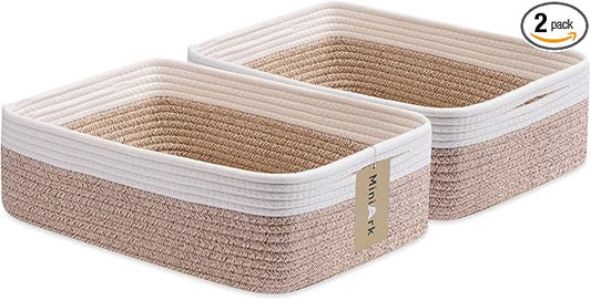 MiniArk Large Shallow Organizing Baskets 15x11x5.1 Inches - Rope Woven Storage Bins for Bathroom, Shelves, Cube Closet, White Mixed Brown 2 Packs by MiniArkStorageBasketsHome