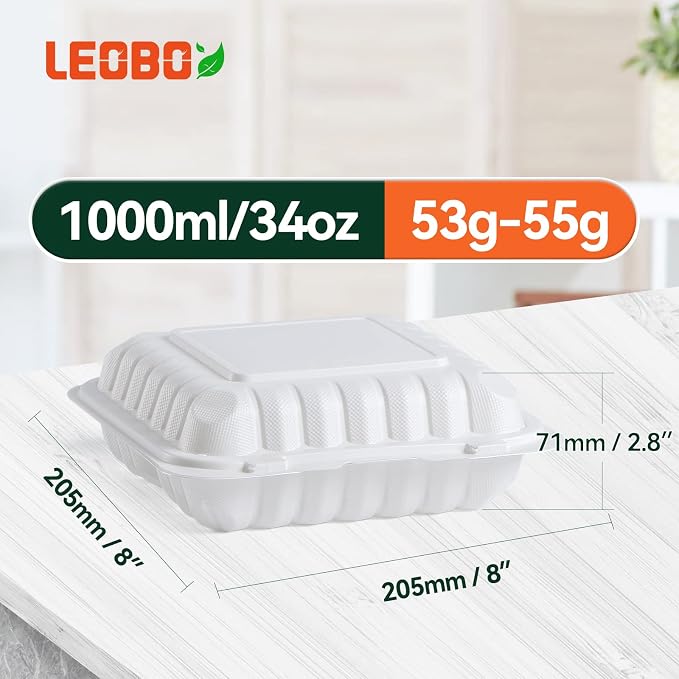 55-Pack 34oz 8 Inch Food Containers - Shrink Wrapped No Pre-Wash | 3-Compartment Reusable & Secure Snap Closure | Bpa Free Microwave Safe for Leftovers, Work Meals, Takeout & Meal Prep, White - Image 3