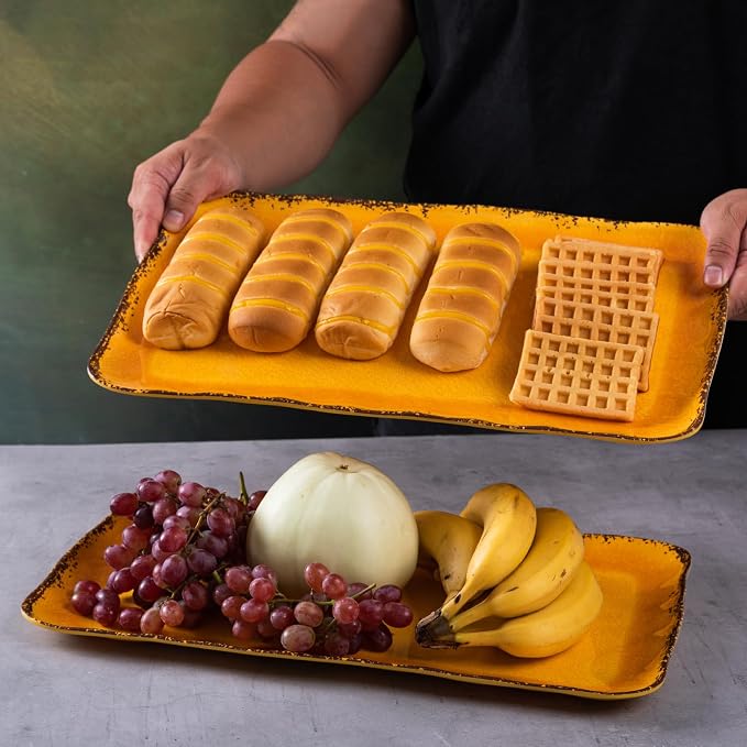 LEHAHA Melamine Farmhouse Rectangular Serving Platter Sets, 17.5" x 10" Large Serving Tray Sets,100% Melamine, Dishwasher Safe, BPA Free, Lightweight and Unbreakable,Gold - Image 3