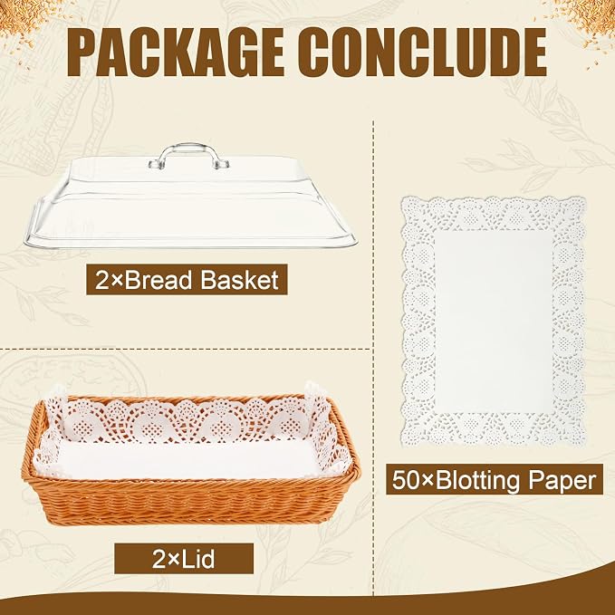 Mumufy 2 Packs Bread Baskets for Serving with Lid 15.75x11.81x2.95'' Imitation Rattan Fruit Storage Basket, and 50 Pcs Food Blotting Sheets for Baker Gift, Kitchen Counter Organization, Bread Display - Image 3