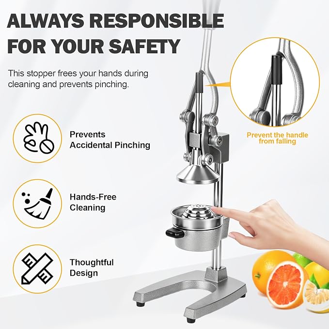 Manual Citrus Juicer Press, Heavy Duty Cast Iron Lemon Squeezer with Stainless Steel Cone, Commercial Hand Press Juicer for Orange, Lemon & Lime, Easy to Clean - Image 6