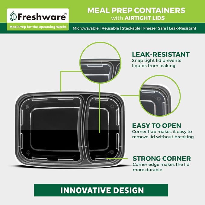 Freshware Meal Prep Containers with Lids 28 oz [150 Pack] 2-Compartment Food Storage Containers, Bento Box Lunch Containers, BPA Free, Airtight, Stackable, Reusable, Microwave/Dishwasher/Freezer Safe - Image 5