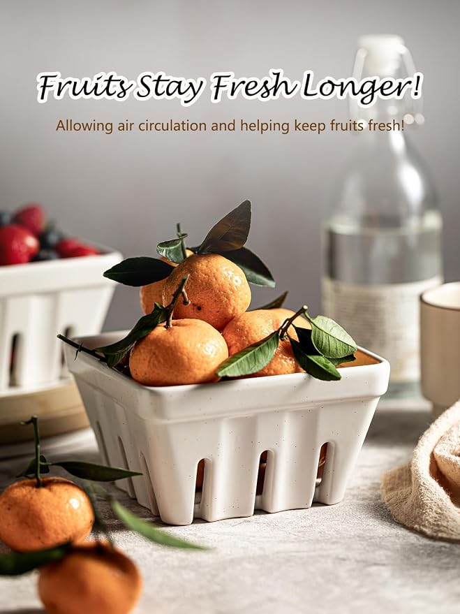 Gomakren Fruit Bowl with Holes, Ceramic Berry Basket Set of 2, 5.7 Inch Square Fruit Basket for Kitchen Counter, Rustic Berry Containers, Farmhouse Kitchen Decor - Cream White - Image 4