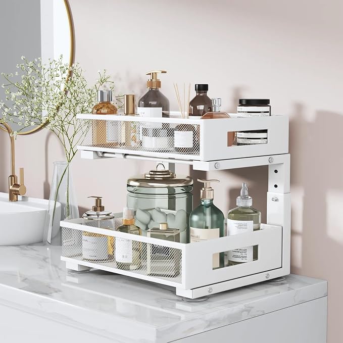 Under Sink Organizer, 2-Tier Dual Pull Out Cabinet Organizer Drawers With Smooth Circular Rail, Large Capacity Metal Mesh Sliding Shelves For Bathroom& Kitchen Storage,Height Adjustable–White,1 Pack - Image 3