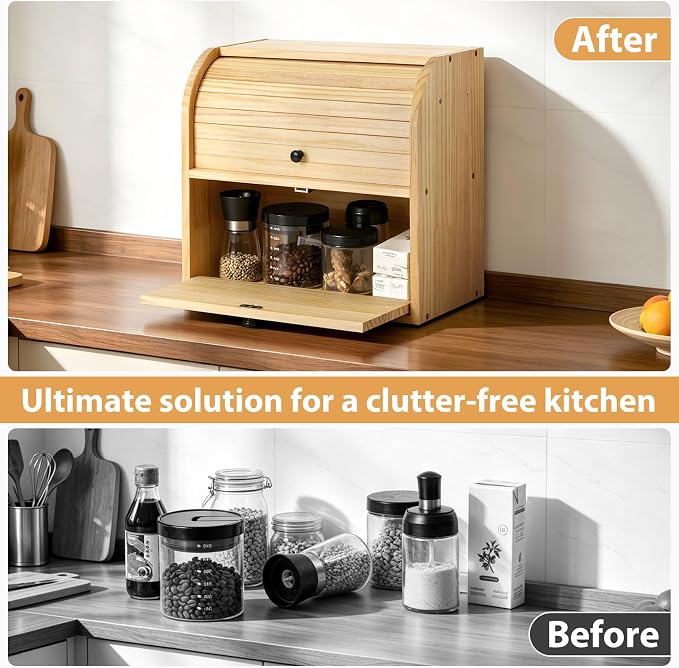 Sunhoo Wooden Bread Box for Kitchen Countertop, Roll Top Breadbox, Natural | Large Double Layer Pantry Container, Solid Wood with Cutting Board, Fresh Homemade Sourdough Bin Cabinet, Vintage Farmhouse - Image 2
