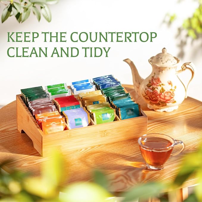 TIMIEEYA Tea Bag Organizer - Bamboo Tea Storage Organizer With 12 Compartments, 1 Layer Tea Organizer for Tea Bags Natural Bamboo for Countertop Office Kitchen Cabinet Pantry - Image 3