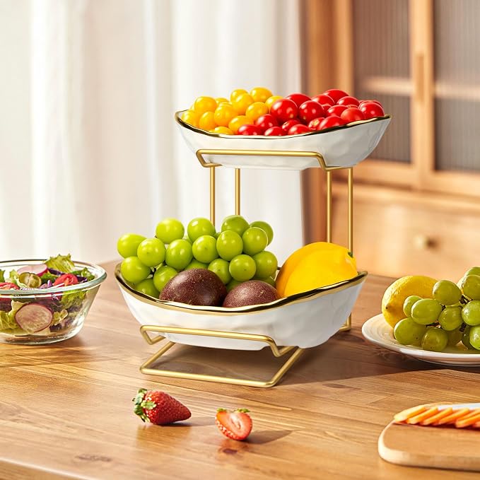 Fruit Bowl for Kitchen Counter, 2 Tier Fruit Basket for Counter, Ceramic Fruit tray, Tiered Holder with Metal Stand, Modern Detachable Rack for Vegetable Snack Dessert Storage (Gold&White) - Image 2