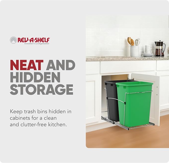 Rev-A-Shelf Double 35 Qt Pullout Trash Can for Base Kitchen Cabinets, Garbage Waste & Recycling Bin System with Full Extension Slides, Min Opening Width of 14.5", Green/Black, RV-18KD-1918C-S - Image 5