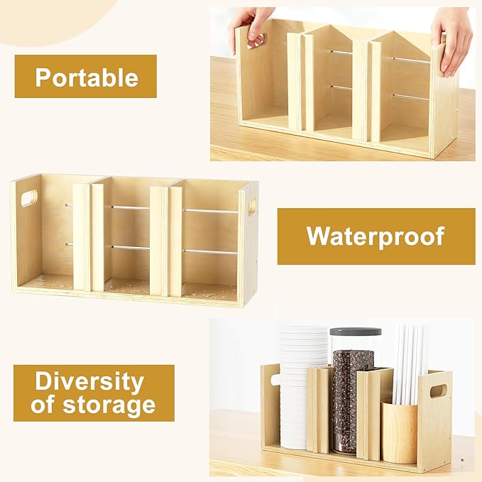 Wood Cup Lid Organizer 3 Compartments with Adjustable Dividers for Counter Wall Mount Disposable Cup and Lid Storage Kitchen Restaurants Fast Food Coffee Shop Supplies (15”W x 7”H x 4.7”D) - Image 3