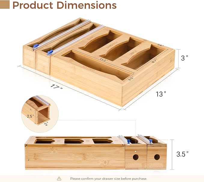 6-in-1 Bamboo Kitchen Drawer Organizer for Storage Bag, Foil & Plastic Wrap - Image 2