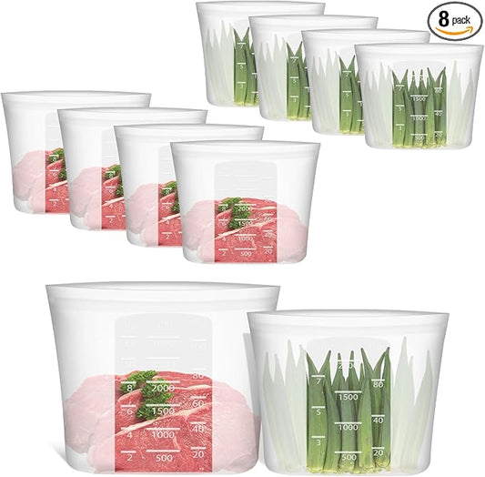 Reusable Storage Bags, Set of 2 Large Sizes, 8 Pack 100% Silicone Food Storage Bags Stand Up Zip Lock Bag for Food, Freezer Microwave Oven Dishwasher Safe, 4 XL-4/5 Gallon, 4 L-1/2 Gallon, Translucent by Annaklin