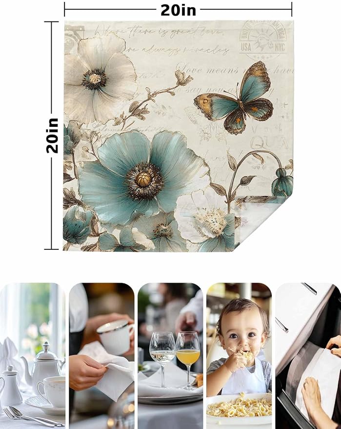Turquoise Flowers Cloth Napkins Washable Set of 6, 20 x 20 Inch Reusable Rustic Spring Botanical Floral Butterfly Dinner Table Napkins Cloth Bulk for Weddings Kitchen Restaurants Hotel Events Parties - Image 5