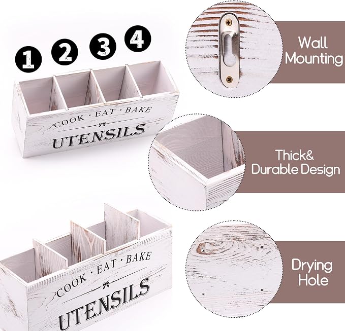 Kitchen Utensil Holder for Counter or Countertop, Extra Large Wood Organizer with 4 Compartments, Wooden Storage for Cooking and Silverware, Rustic Minimalist Decor, Sturdy Utensil Crock-White - Image 3