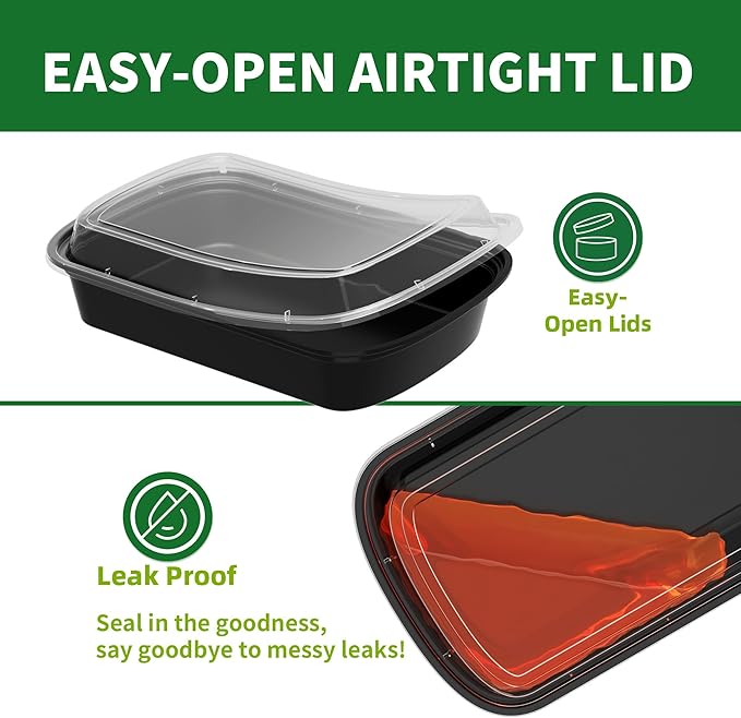24oz Meal Prep Containers, 50 Pack Disposable Food Storage Boxes with Lids | Heavy Duty, Single Compartment, Leakproof Lids, BPA Free, Microwave Freezer Safe, Plastic To Go Bento Boxes for Lunch Takeout - Image 3