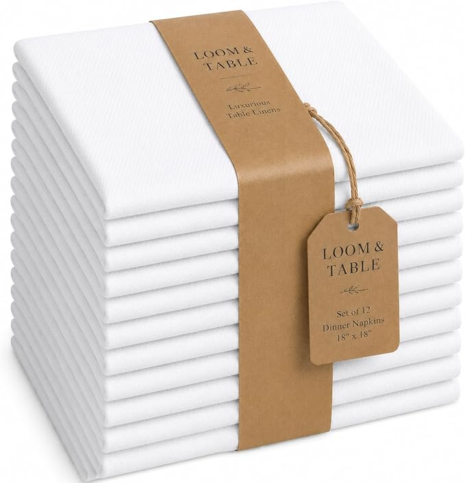 Aspen White Polycotton Napkins by Loom & Table - Set of 12 - Elegant, Wrinkle-Resistant, Machine Washable – Luxury Napkin for Dining Room, Weddings, Dinner Parties, Holidays, Birthdays - 18 X 18 by LoomandTable