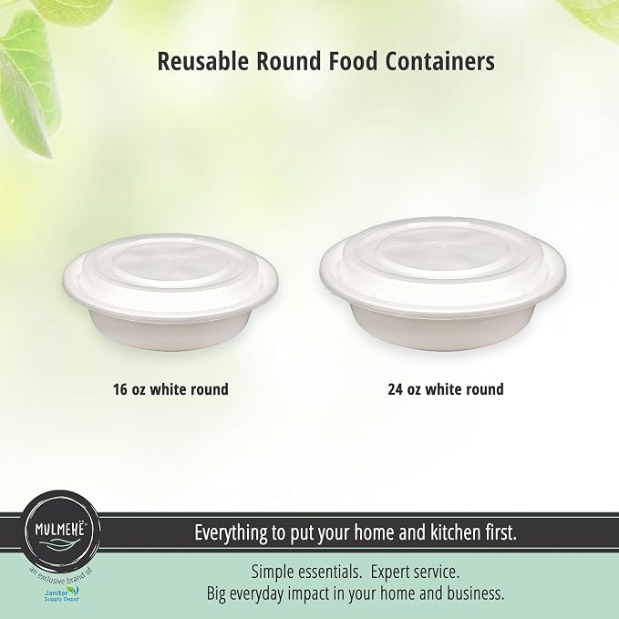 MULMEHË Plastic Food Storage Take-Out Container and Lid Combo, 24 oz, Microwaveable, Round, White, 7x1.5”, Set of 150 - Image 4