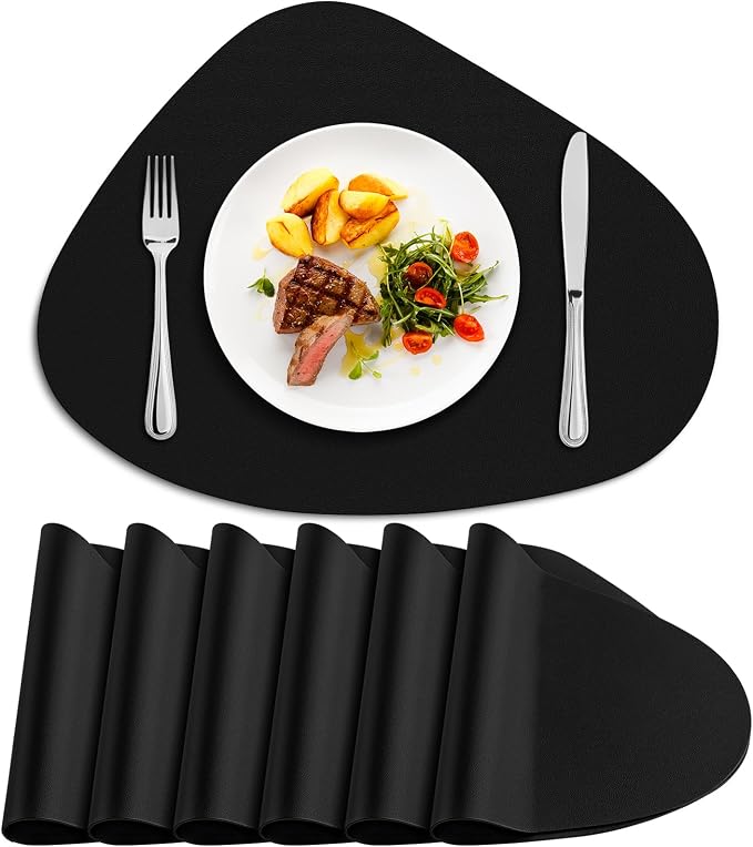 Faux Leather Placemats Set of 6, Wipeable & Washable Table Mats | Waterproof, Heat-Resistant & Easy to Clean Round Place Mats for Dining & Kitchen, 17''x13'', Black by Delicateandelegantplacemats