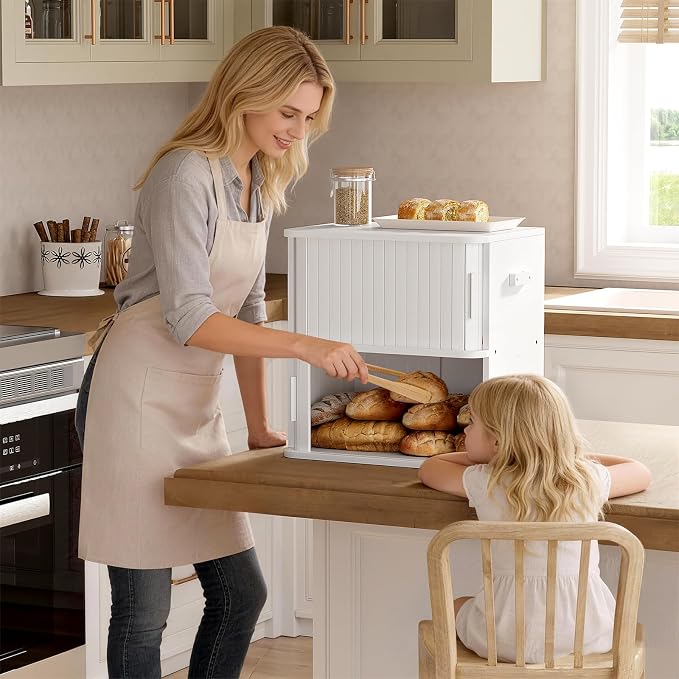 WOWLIVE 2-Tier Roll Top Bread Box for Kitchen Countertop Storage Cabinet | Double Layer Bamboo Bread Boxes with Sliding Doors, Extra Large Bread Storage Cabinet for Loaves & Pastries, White - Image 7