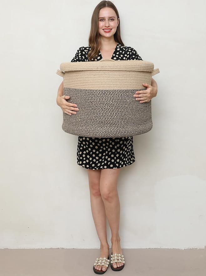 20x15 Inch Extra Large Round Cotton Rope Storage Basket with Lid, Decorative Woven Bin with Cover for Living Room Bedroom Closet, Jute & Black Mix - Image 2