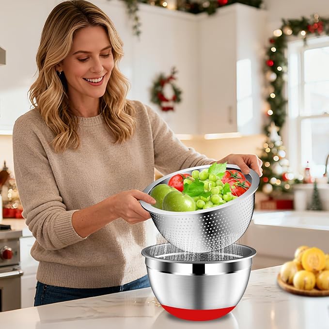 DUTZUN Mixing Bowls with Lids Set - 16pcs Stainless Steel Mixing Bowl Set with Colander, 3 Grater Attachments, Non-Slip Bottom, Metal Nesting Bowls with Strainer for Mixing & Serving - Multicolor - Image 5