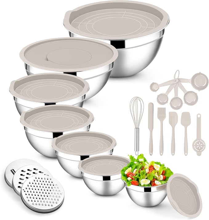 E-far Mixing Bowls with Lids Set, 21PCS Stainless Steel Mixing Salad Bowls with 3 Grater Attachments, Size 7, 4.6, 3.5, 2.6, 2, 1.5, 1QT, Nesting Design & Khaki Airtight Lid, For Baking/Prepping by E-far