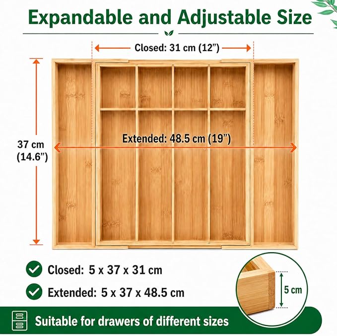 MASS DYNAMIC Bamboo Expandable Cutlery Tray (7 Compartments (5S & 2L)) - Image 2