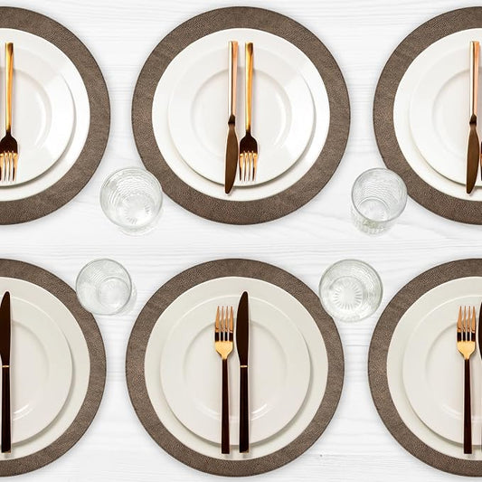 Placemats Set of 6 – Round 15” Faux Leather Table Mats for Dining, Heat Resistant & Non-Slip Washable Table, Indoor, Outdoor, Dining Table Set for 6, Modern Kitchen & Holiday Use, Bronze by Homewear
