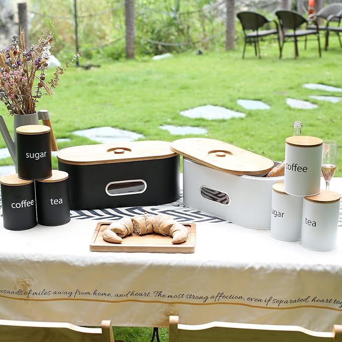 SOTECH Extra Large Bread Box Metal Bread Bin with Bamboo Lid&Window Modern Food Storage Container for Kitchen Counter Kitchen Decor Organizer Farmhouse Black (Black box with 3jars) - Image 6