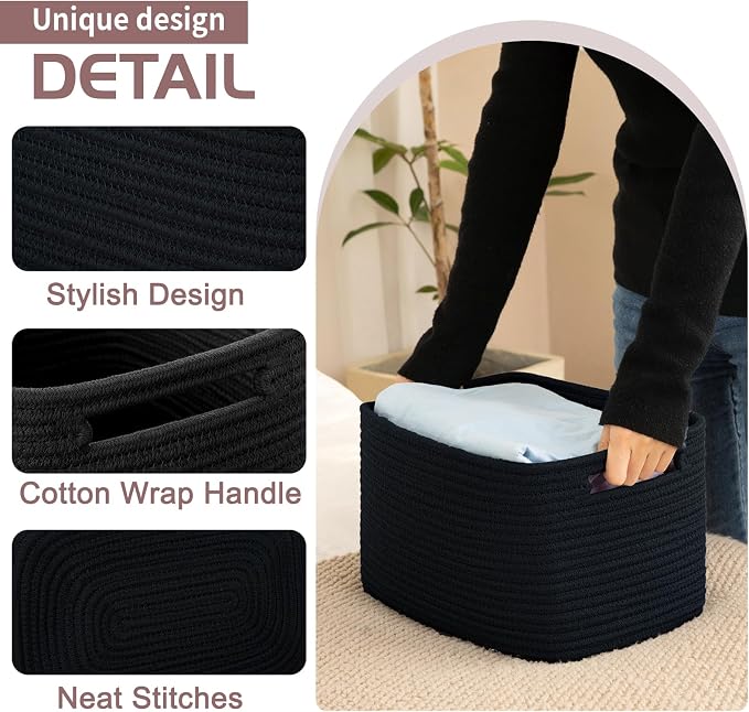 OIAHOMY 4 Pack Storage Baskets for Organizing, Cube Storage Bins for Shelves, Rectangle Storage Baskets With Handles, Woven Baskets for Storage, 16''Lx12''Wx8''H, Black - Image 2