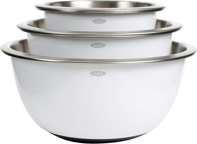 OXO Good Grips 3-Piece Stainless Steel Mixing Bowl Set (White) and 2-Piece Plastic Cutting Board Set - Image 2