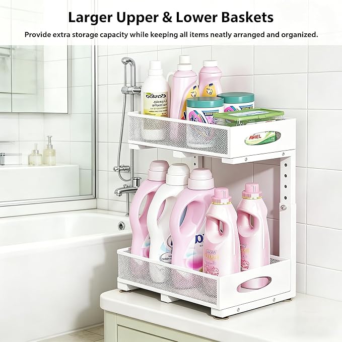 2 Pack Under Sink Organizer, 2-Tier Pull Out Kitchen Cabinet Organizer, Height Adjustable Metal Slide Out Bathroom Organizers and Storage Makeup Drawer Organizer for Office Bedroom(A-White, 2Pack) - Image 8