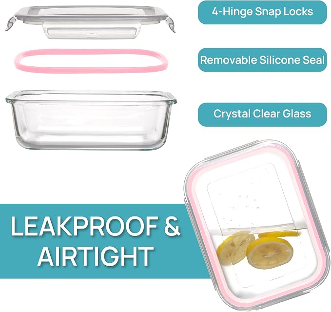 Vtopmart 5Pack 22oz Glass Storage Containers with Lids, Pink | Glass Meal Prep Food Container Sets, Snap Airtight Lid, For Microwave, Oven, Freezer and Dishwasher, BPA Free - Image 6