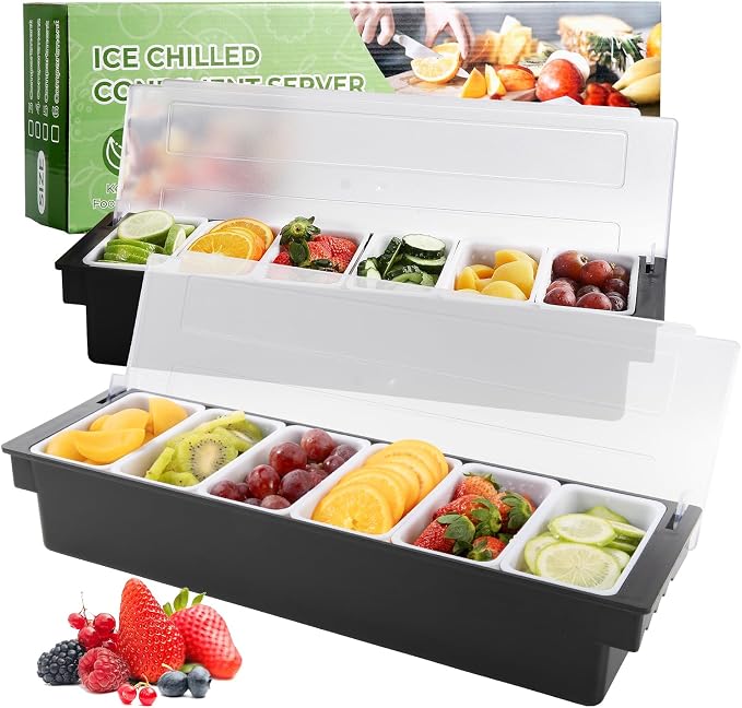 WICHEMI Ice Chilled Condiment Caddy with 6 Removable Trays and Lid, 2 Pack | Condiment Container, Taco Bar Serving Tray, Fruit & Garnish Trays Serving Platter for Salad, Party Supplies & Bar Accessories by WICHEMI