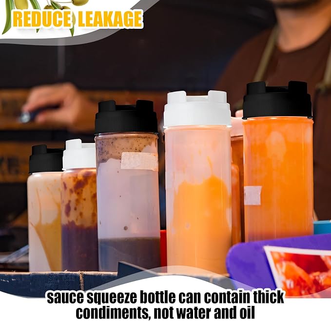 Roshtia 16 Pcs 16 oz Squeeze Bottle Condiment Squeeze Bottle Inverted Plastic Squeeze Bottle for Sauce Refillable Self Sealing Sauce Dispenser for Liquids Reusable Restaurants Kitchen(Black, White) - Image 6
