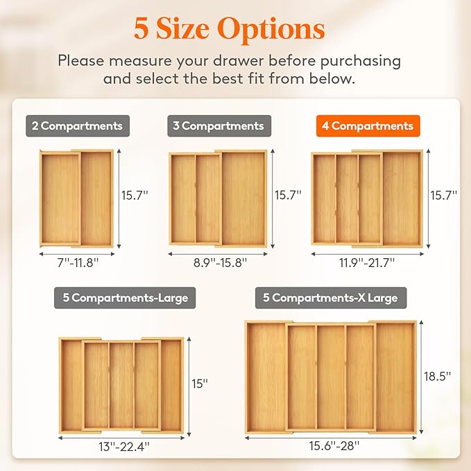 Lifewit Utensil Organizer for Kitchen Drawer, Expandable Cooking Utensil Tray, Cutlery Silverware Flatware Holder, Wood Adjustable Spatula Tools Storage Divider, 30-55 x 40cm, Natural - Image 2