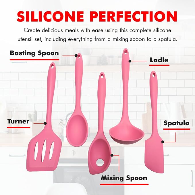 Chef Craft - Premium Silicone Kitchen Tools and Utensils Set, Non-Scratch, Withstands Temperatures up to 450°F, BPA-Free, 5 Piece Cooking Utensils Set, Pink - Image 4